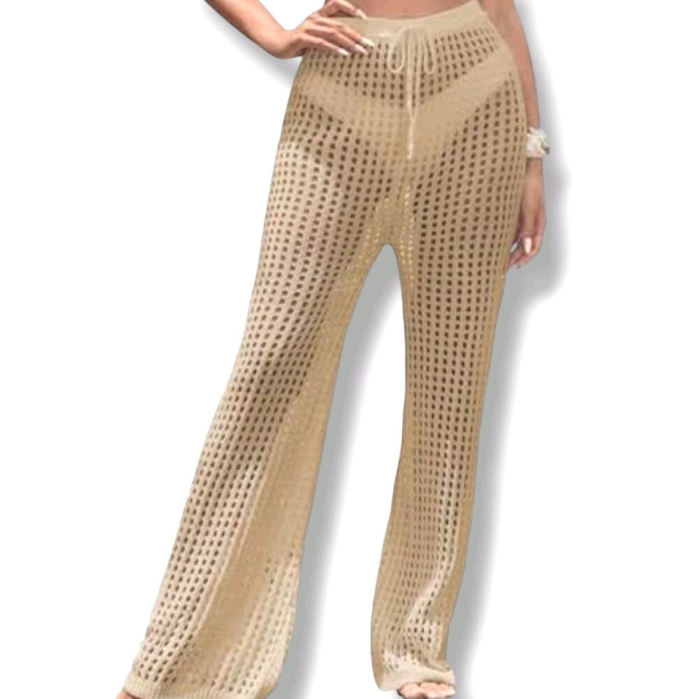 Blanco S Boho Crochet Flare Pants Open Knit Fabric Tan Beige Coastal Cowgirl NWT